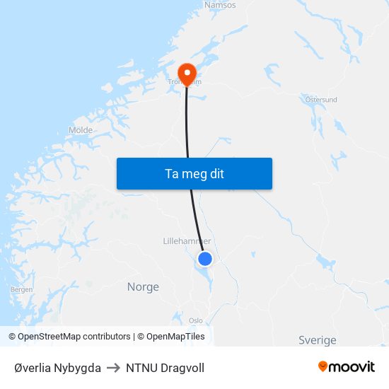 Øverlia Nybygda to NTNU Dragvoll map