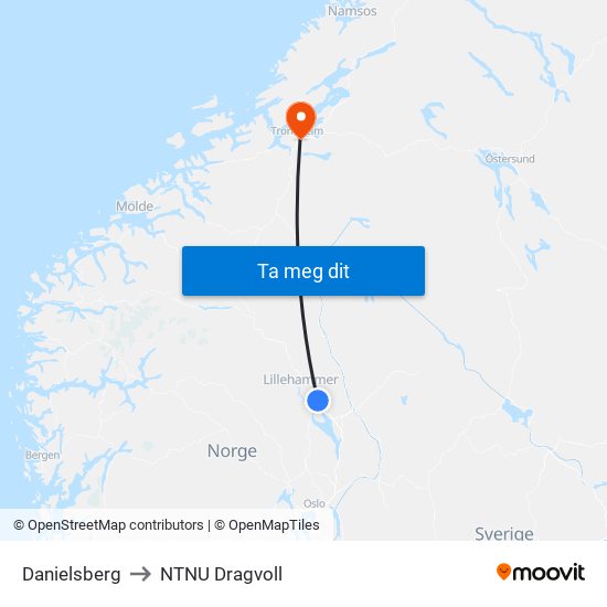 Danielsberg to NTNU Dragvoll map