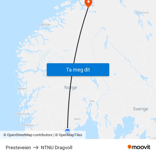 Presteveien to NTNU Dragvoll map