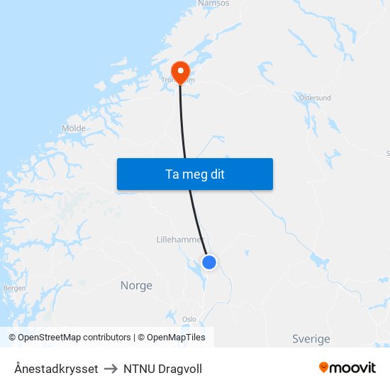 Ånestadkrysset to NTNU Dragvoll map