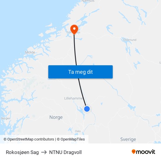 Rokosjøen Sag to NTNU Dragvoll map