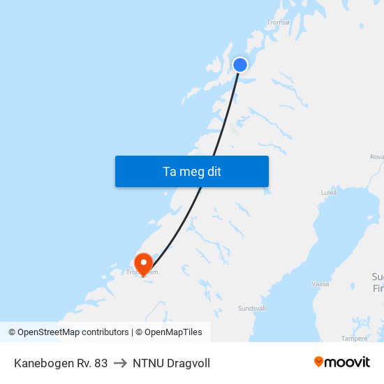 Kanebogen Rv. 83 to NTNU Dragvoll map