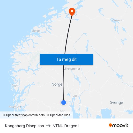 Kongsberg Diseplass to NTNU Dragvoll map