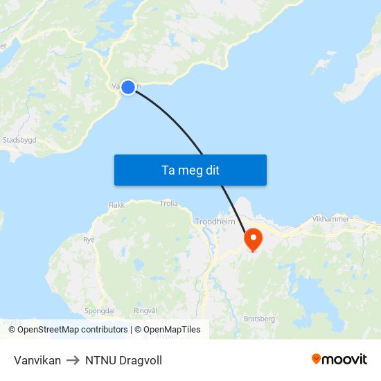 Vanvikan to NTNU Dragvoll map