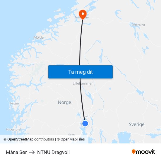 Måna Sør to NTNU Dragvoll map