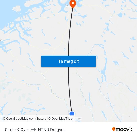 Circle K Øyer to NTNU Dragvoll map