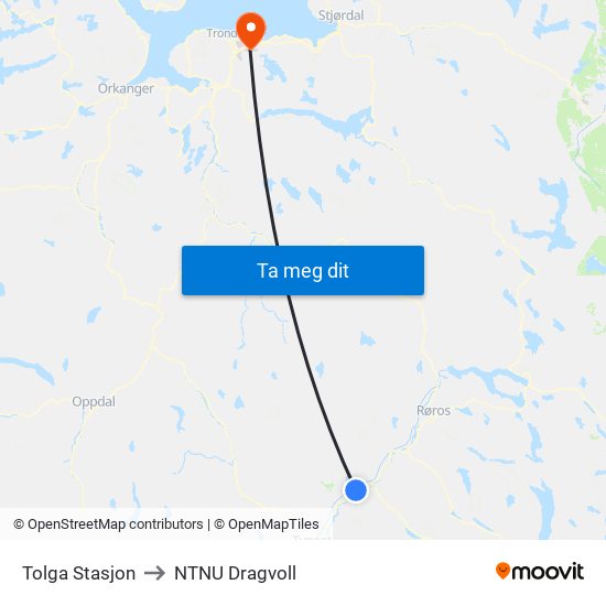 Tolga Stasjon to NTNU Dragvoll map