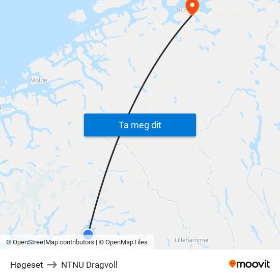 Høgeset to NTNU Dragvoll map