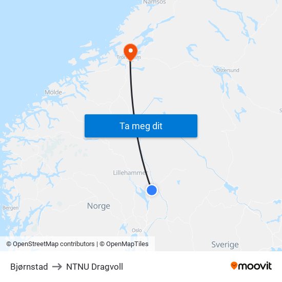 Bjørnstad to NTNU Dragvoll map