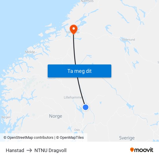 Hanstad to NTNU Dragvoll map