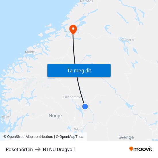 Rosetporten to NTNU Dragvoll map