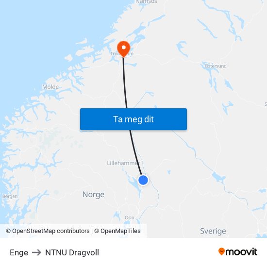 Enge to NTNU Dragvoll map
