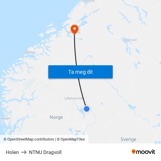 Holen to NTNU Dragvoll map