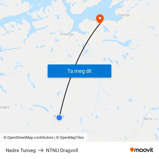 Nedre Tunveg to NTNU Dragvoll map