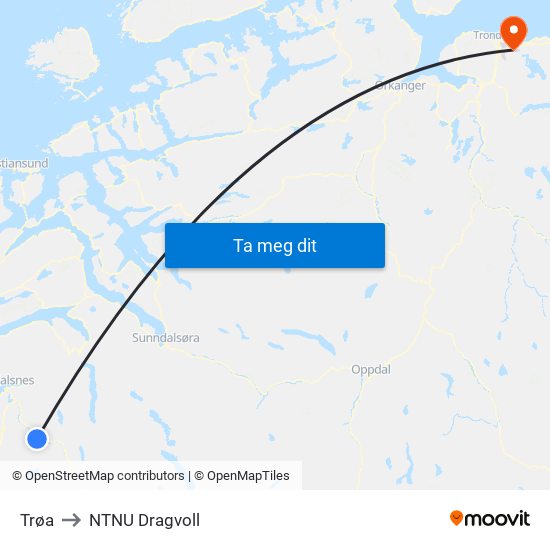 Trøa to NTNU Dragvoll map