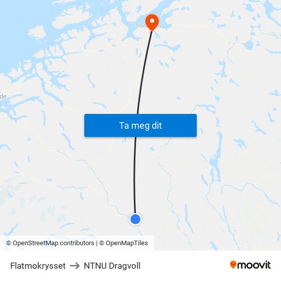 Flatmokrysset to NTNU Dragvoll map
