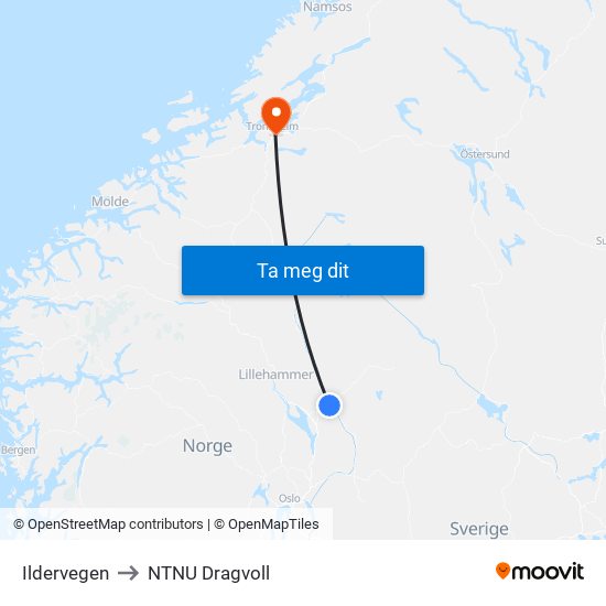 Ildervegen to NTNU Dragvoll map