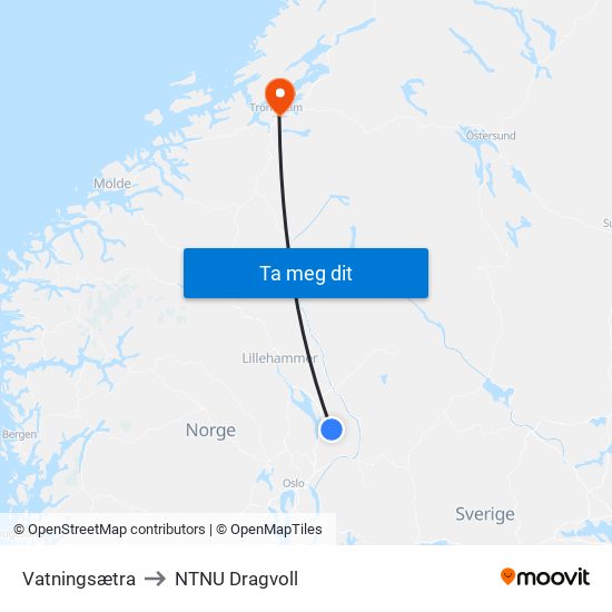 Vatningsætra to NTNU Dragvoll map