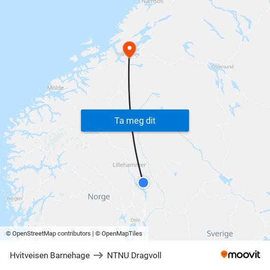 Hvitveisen Barnehage to NTNU Dragvoll map