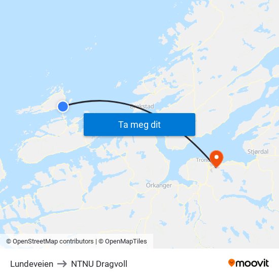 Lundeveien to NTNU Dragvoll map