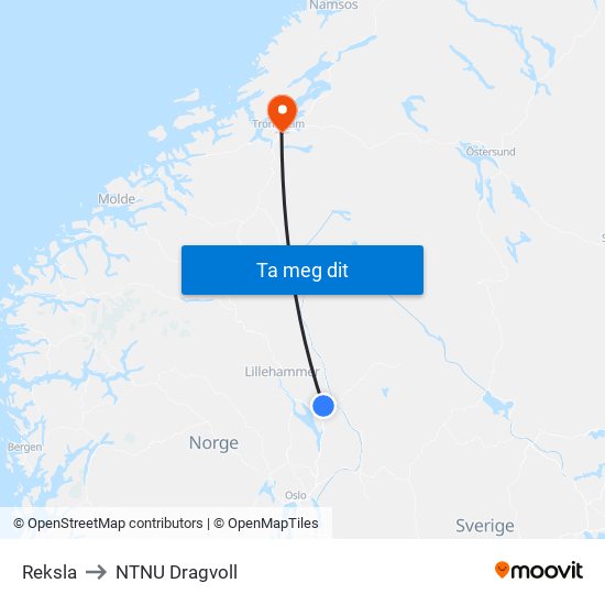Reksla to NTNU Dragvoll map