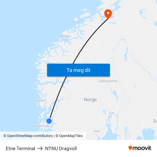 Etne Terminal to NTNU Dragvoll map