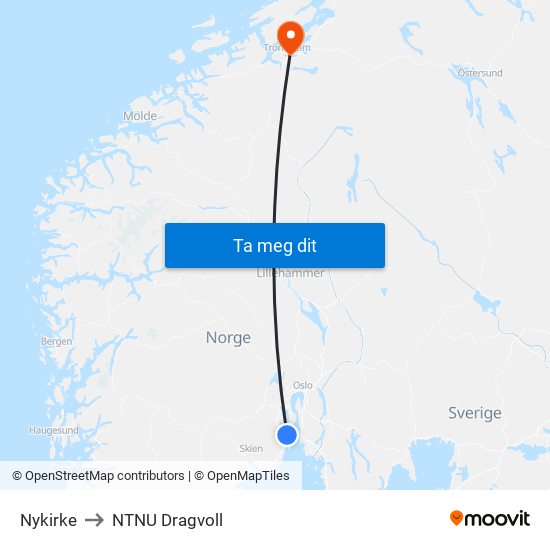 Nykirke to NTNU Dragvoll map