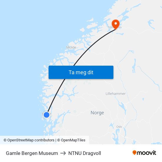 Gamle Bergen Museum to NTNU Dragvoll map