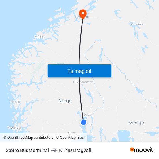 Sætre Bussterminal to NTNU Dragvoll map