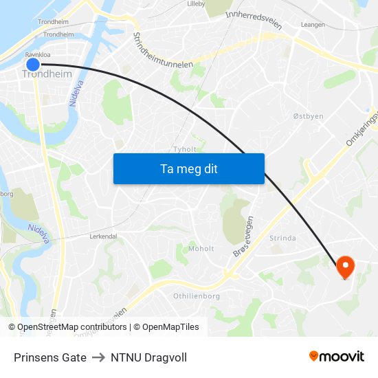 Prinsens Gate to NTNU Dragvoll map