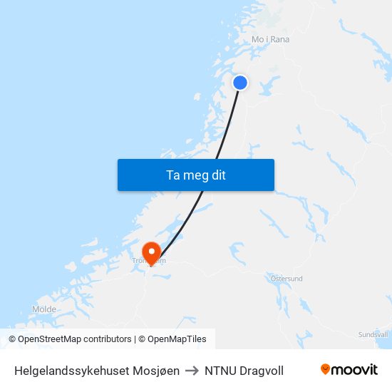 Helgelandssykehuset Mosjøen to NTNU Dragvoll map