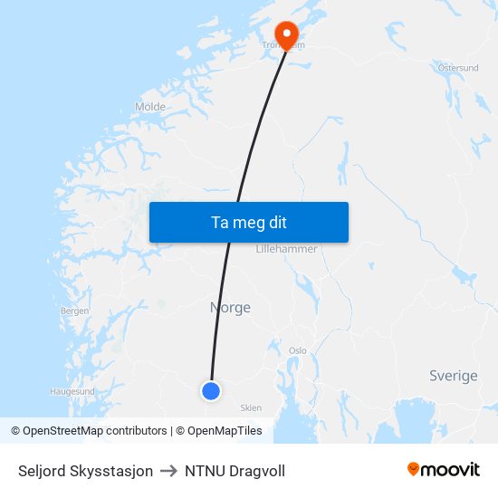 Seljord Skysstasjon to NTNU Dragvoll map