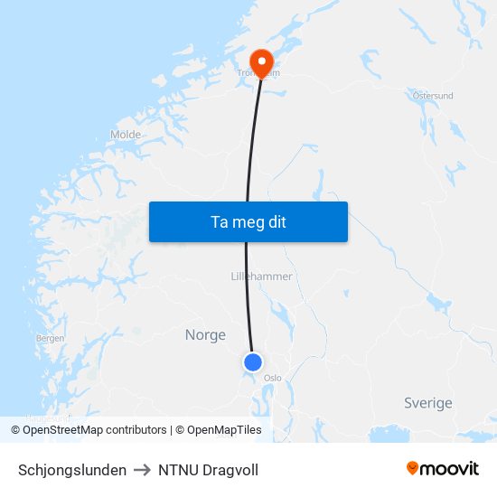 Schjongslunden to NTNU Dragvoll map