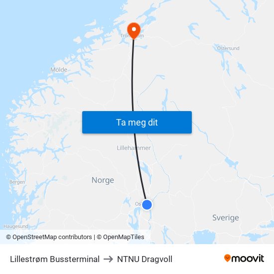 Lillestrøm Bussterminal to NTNU Dragvoll map