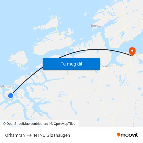 Orhamran to NTNU Gløshaugen map