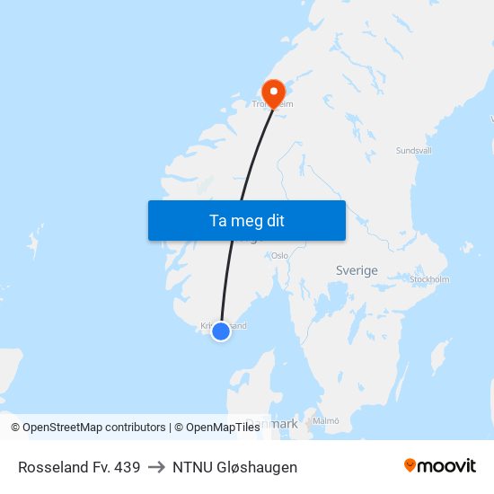 Rosseland Fv. 439 to NTNU Gløshaugen map