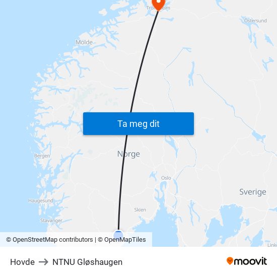 Hovde to NTNU Gløshaugen map