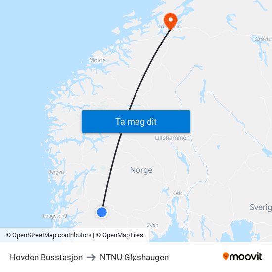 Hovden Busstasjon to NTNU Gløshaugen map