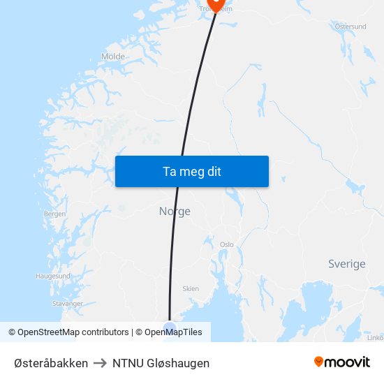 Østeråbakken to NTNU Gløshaugen map