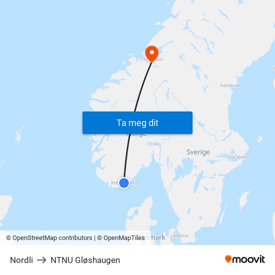 Nordli to NTNU Gløshaugen map