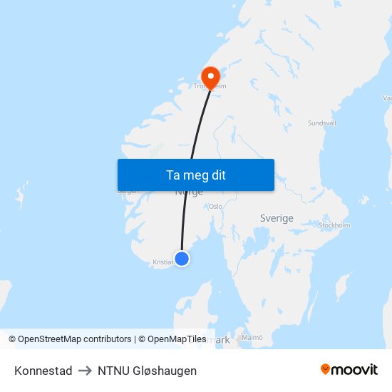 Konnestad to NTNU Gløshaugen map