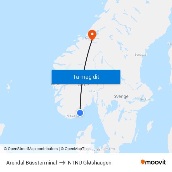 Arendal Bussterminal to NTNU Gløshaugen map