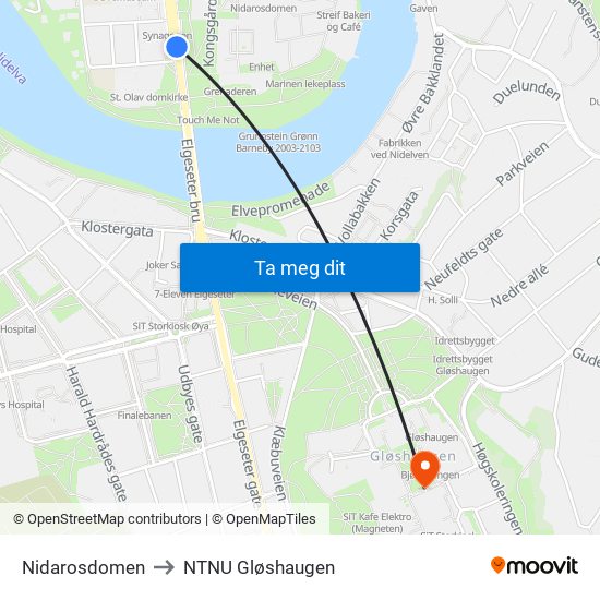 Nidarosdomen to NTNU Gløshaugen map