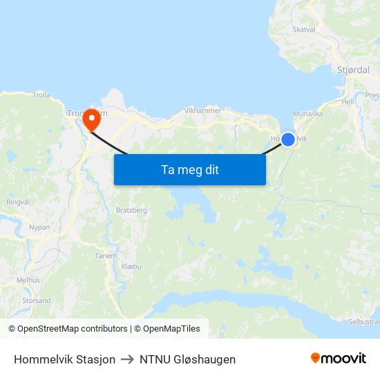 Hommelvik Stasjon to NTNU Gløshaugen map