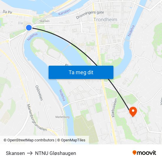 Skansen to NTNU Gløshaugen map