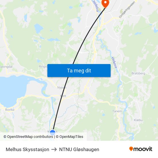 Melhus Skysstasjon to NTNU Gløshaugen map