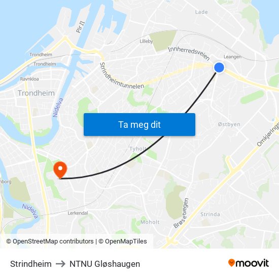 Strindheim to NTNU Gløshaugen map