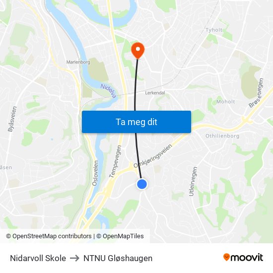 Nidarvoll Skole to NTNU Gløshaugen map