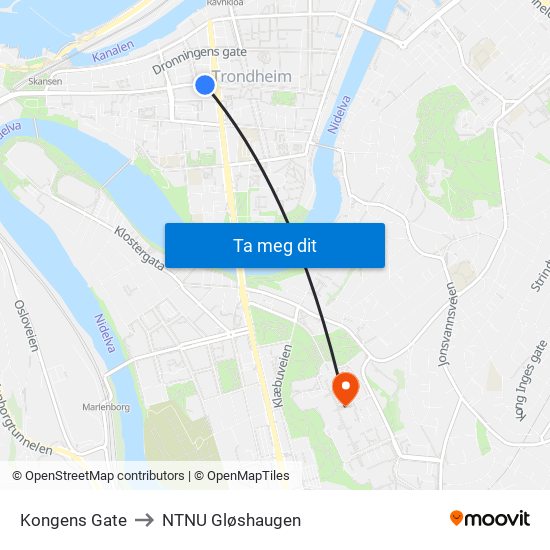Kongens Gate to NTNU Gløshaugen map