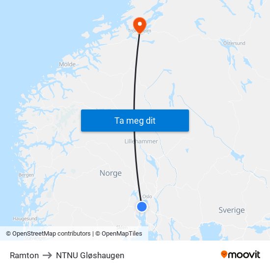 Ramton to NTNU Gløshaugen map